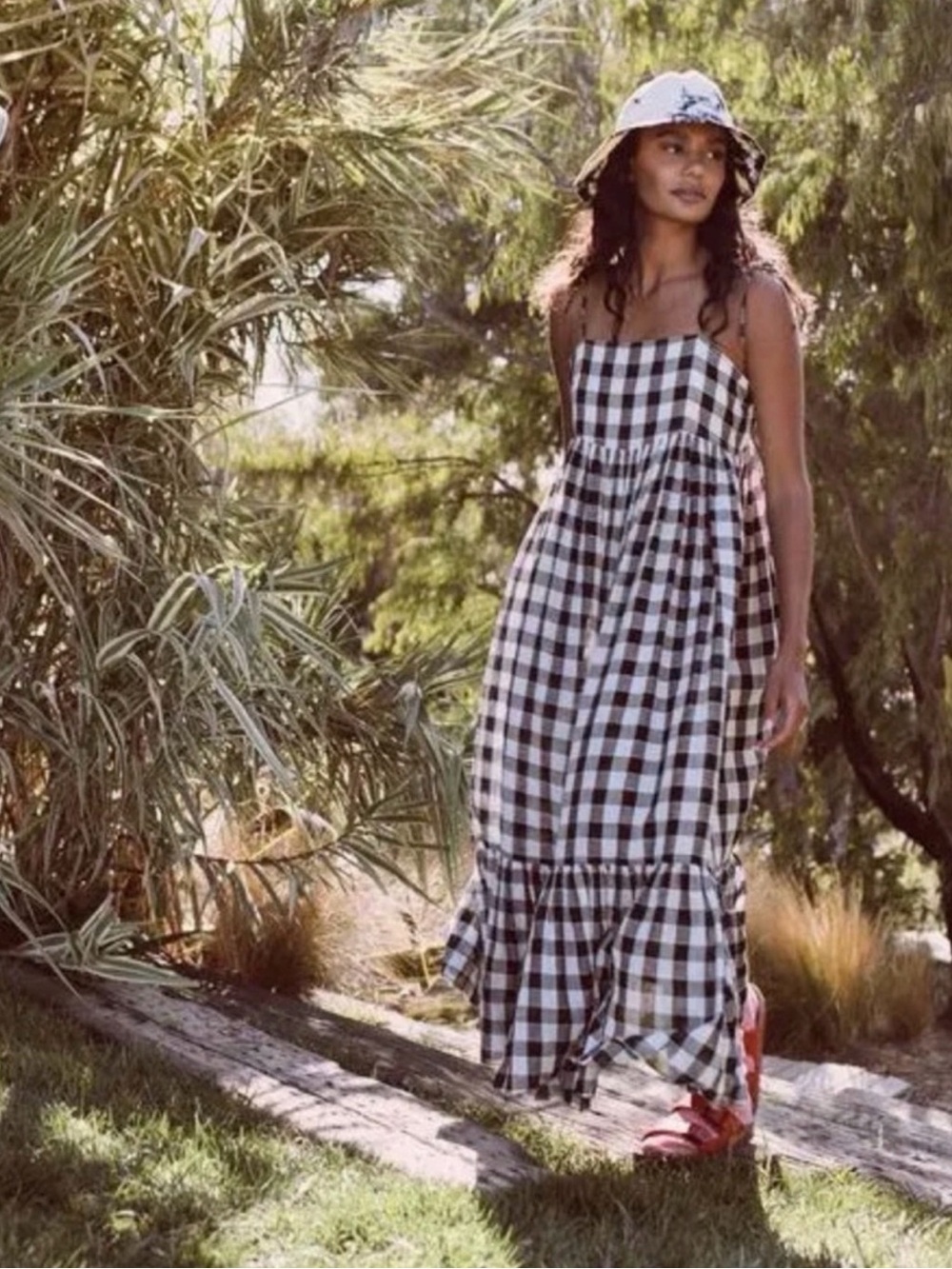 THE GREAT. Black and White Gingham Maxi Dress with Ruffle Hem